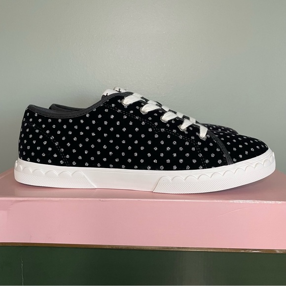 KATE SPADE Vale Black Silver Glitter Dotted Low Top Velvet Sneaker Scalloped 7.5 - Picture 2 of 16